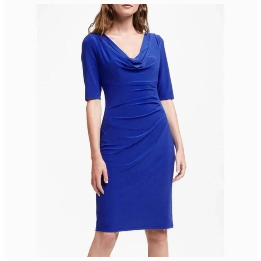 Lauren Ralph Lauren Blue Cowl Neck Dress Ruched Knee-Length 10